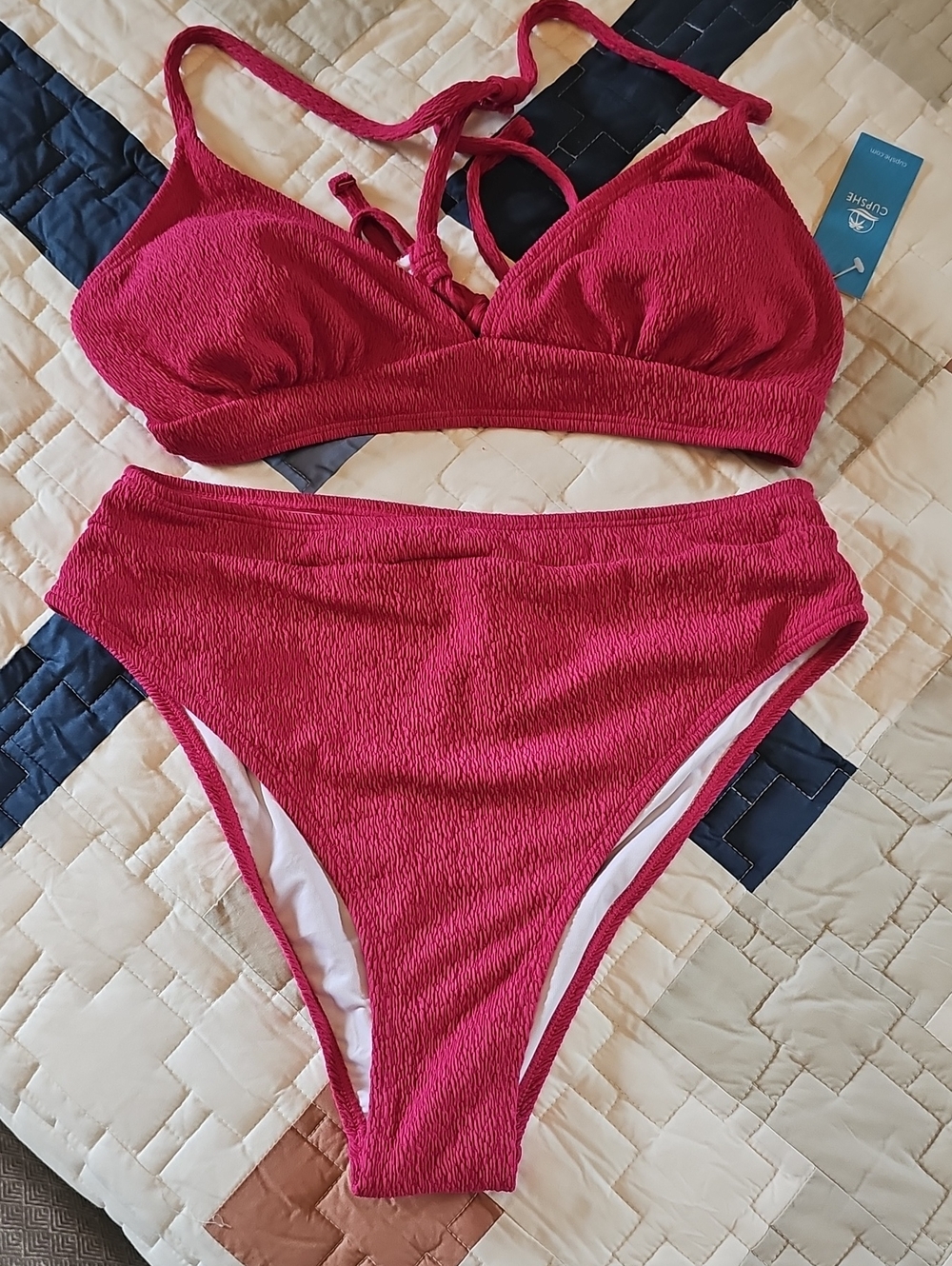 Cupshe Hot Pink Textured High-Waist Bikini Set